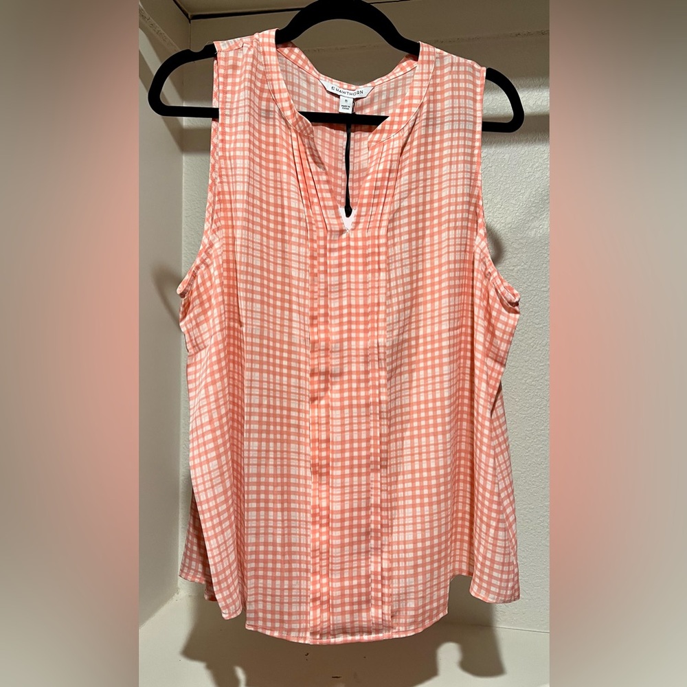 41 HAWTHORN Breyson Sleeveless Blouse Pink White Gingham V-Neck Women's Medium